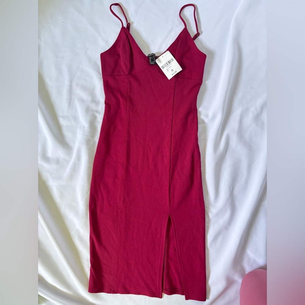 Forever 21 Wine Red Spaghetti Strap Bodycon Midi Dress with side split
